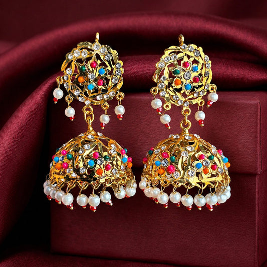 Multicolour Navratan Jhumka Earrings | Gold Filigree Dome with Pearl & Bead Drops