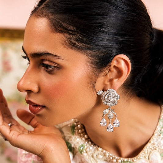 Floral CZ Drop Earrings | Silver Rose with Leaf Stem & Triple Pear Dangles