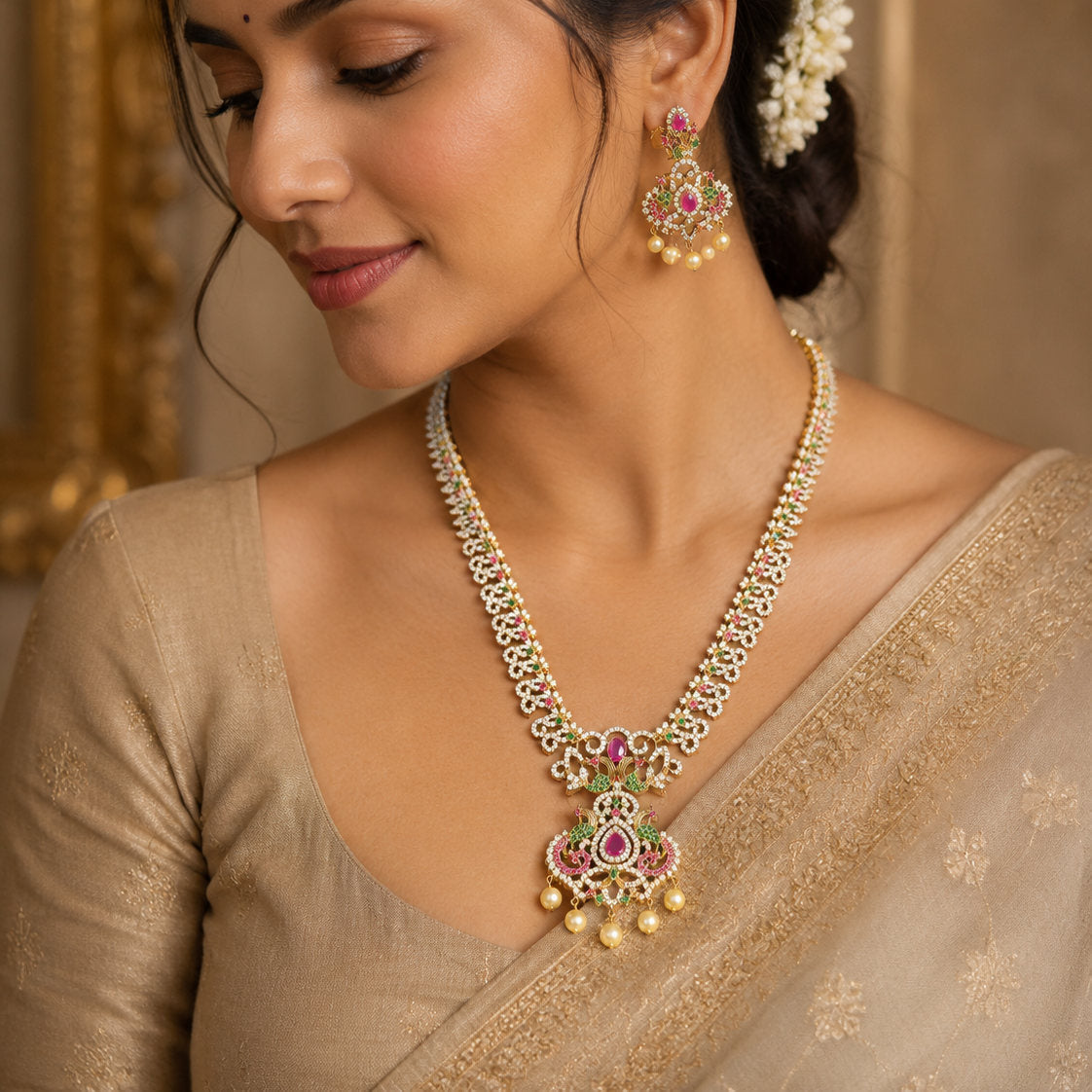 Ruby Emerald Long Mala Necklace Set