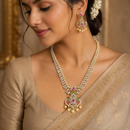 Ruby Emerald Long Mala Necklace Set