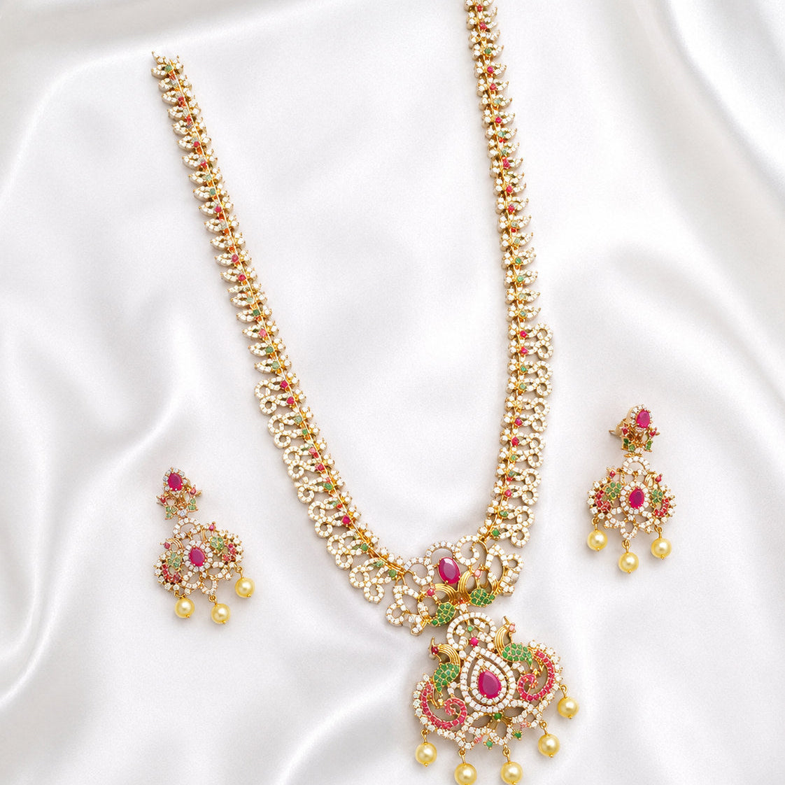Ruby Emerald Long Mala Necklace Set
