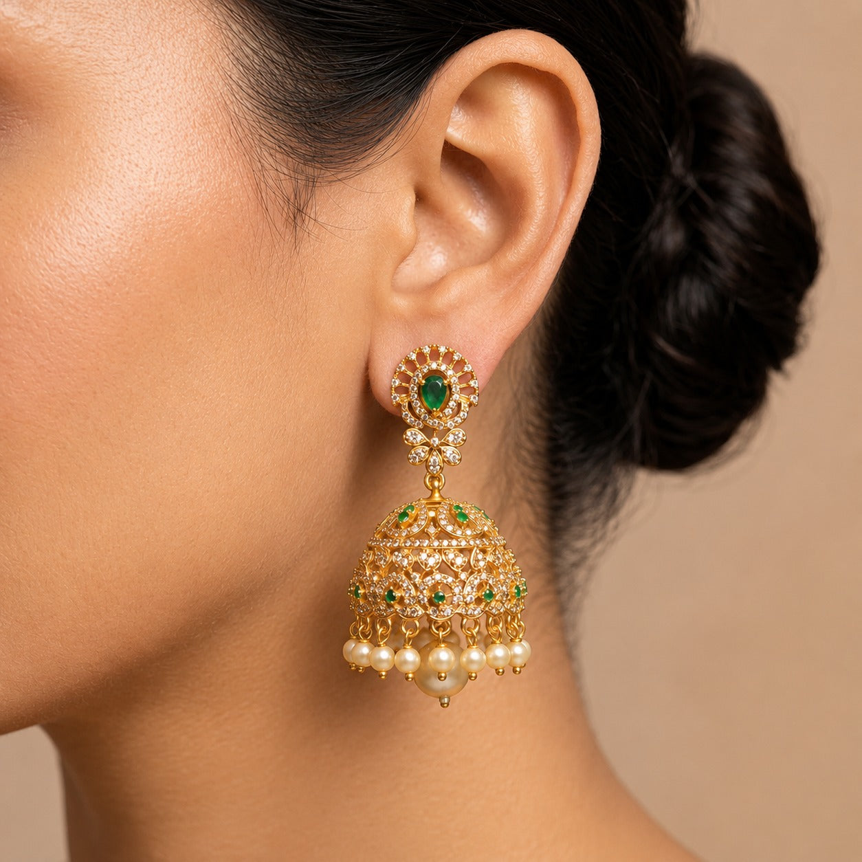 Gold Jhumka Earrings with Pearl Drops | Green & Ruby