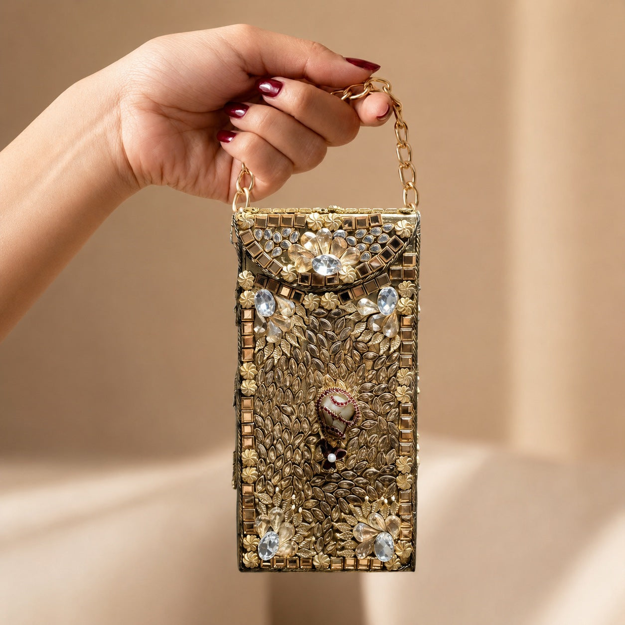 Velour Noir Jewel Clutch – Bridal Evening Bag with Chain