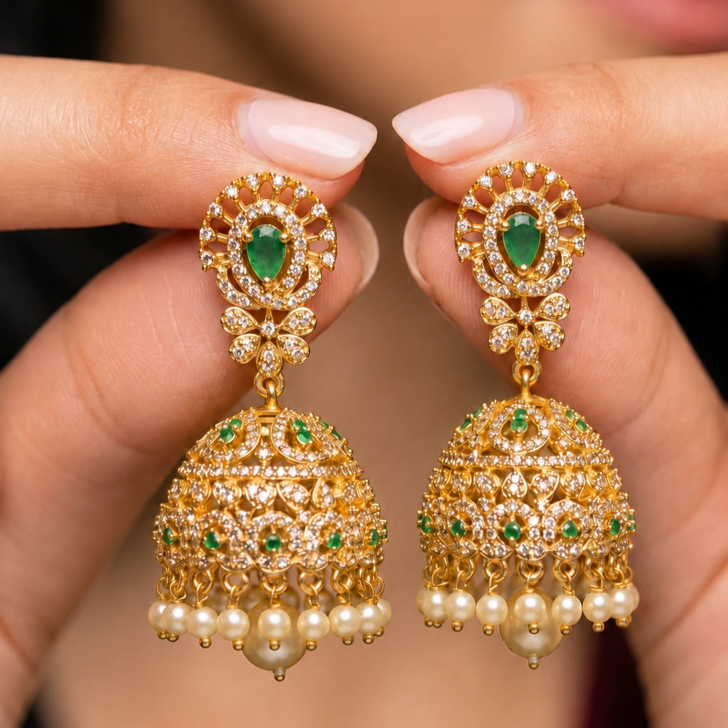 Gold Jhumka Earrings with Pearl Drops | Green & Ruby