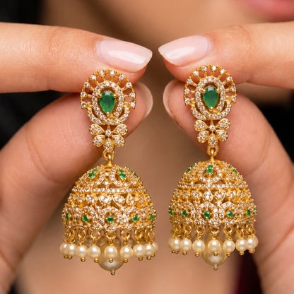 Gold Jhumka Earrings with Pearl Drops | Green & Ruby