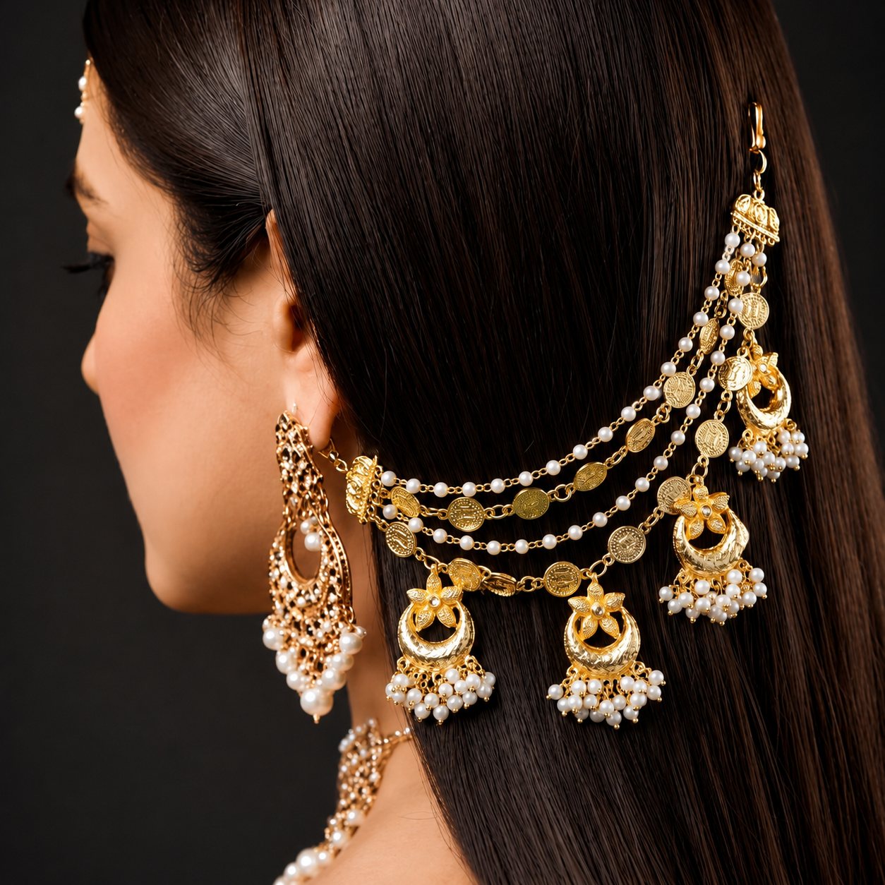 Gold Coin Jhoomar Earrings | Saharey Style Hair Chain with Crescent Jhumka & Pearls