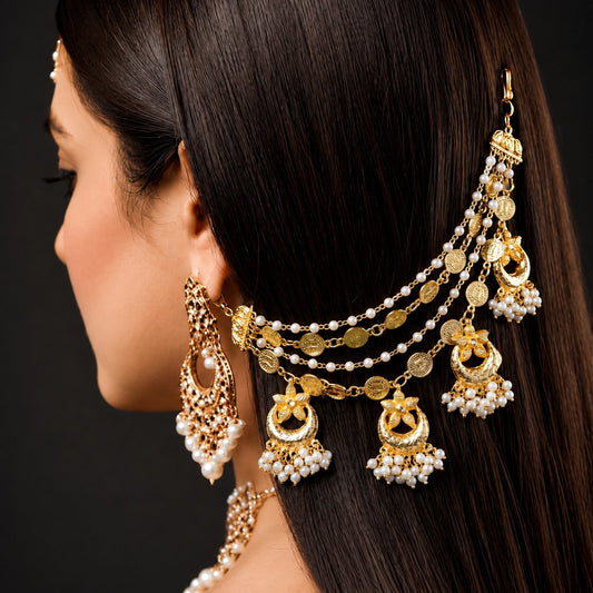 Gold Coin Jhoomar Earrings | Saharey Style Hair Chain with Crescent Jhumka & Pearls