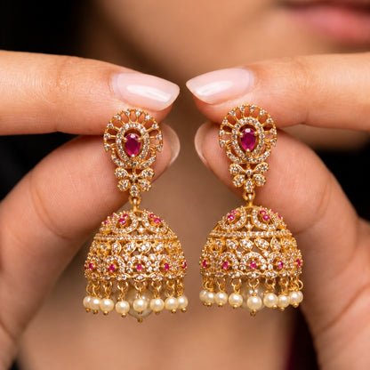 Gold Jhumka Earrings with Pearl Drops | Green & Ruby
