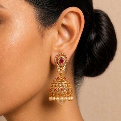 Gold Jhumka Earrings with Pearl Drops | Green & Ruby