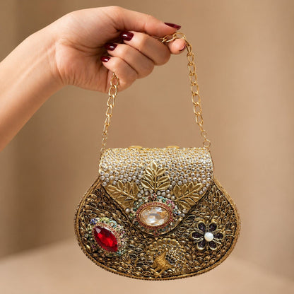 Kundan Gold Floral Clutch – Bridal Evening Bag with Chain