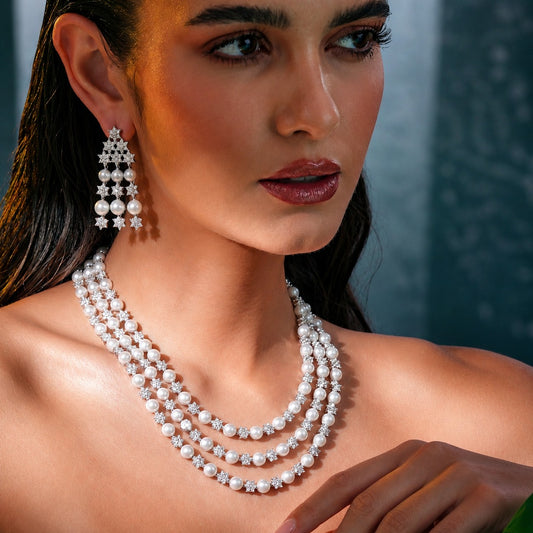 Layered Pearl CZ Festive Jewellery Set