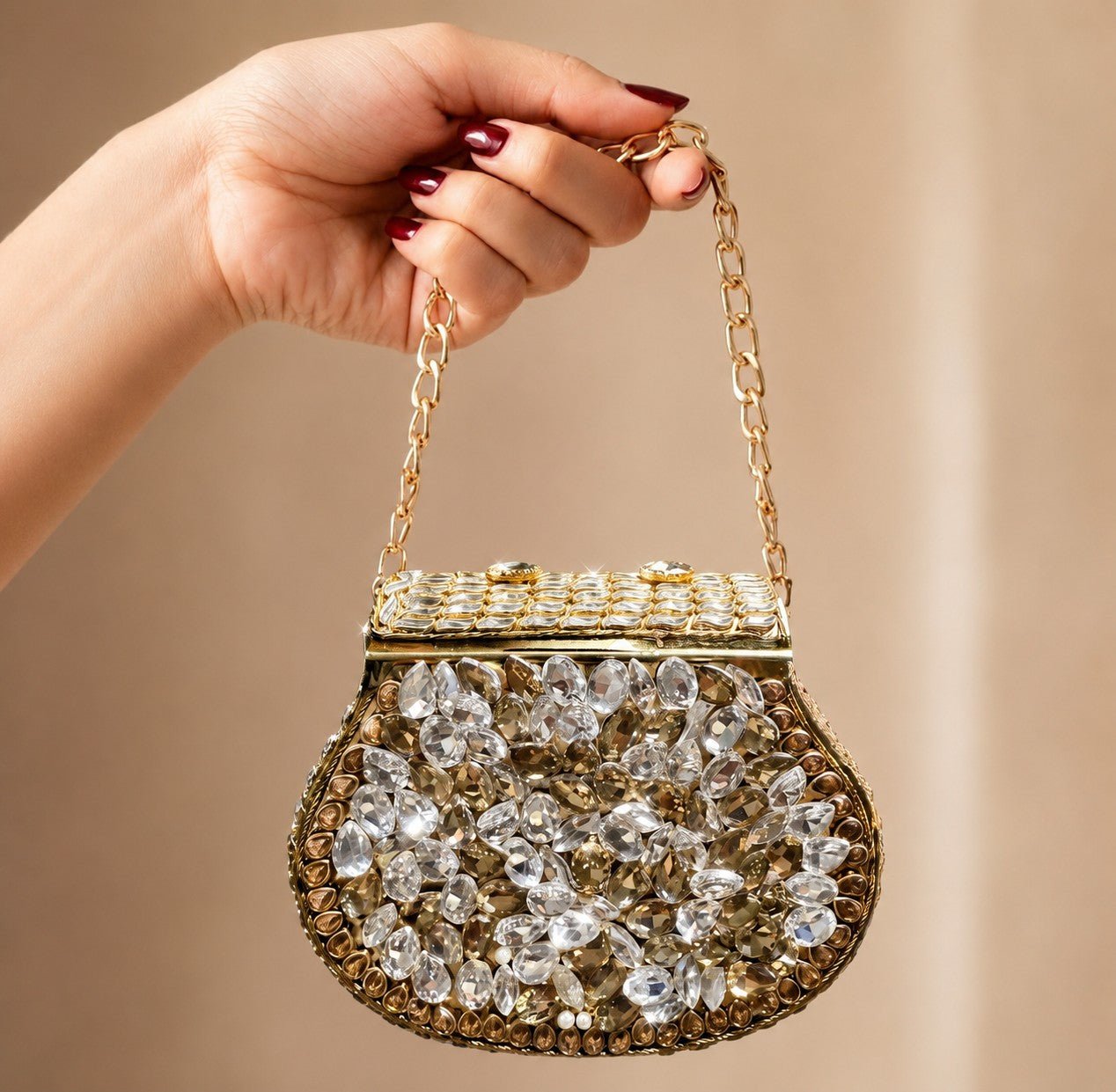 Kundan Gold Floral Clutch – Bridal Evening Bag with Chain