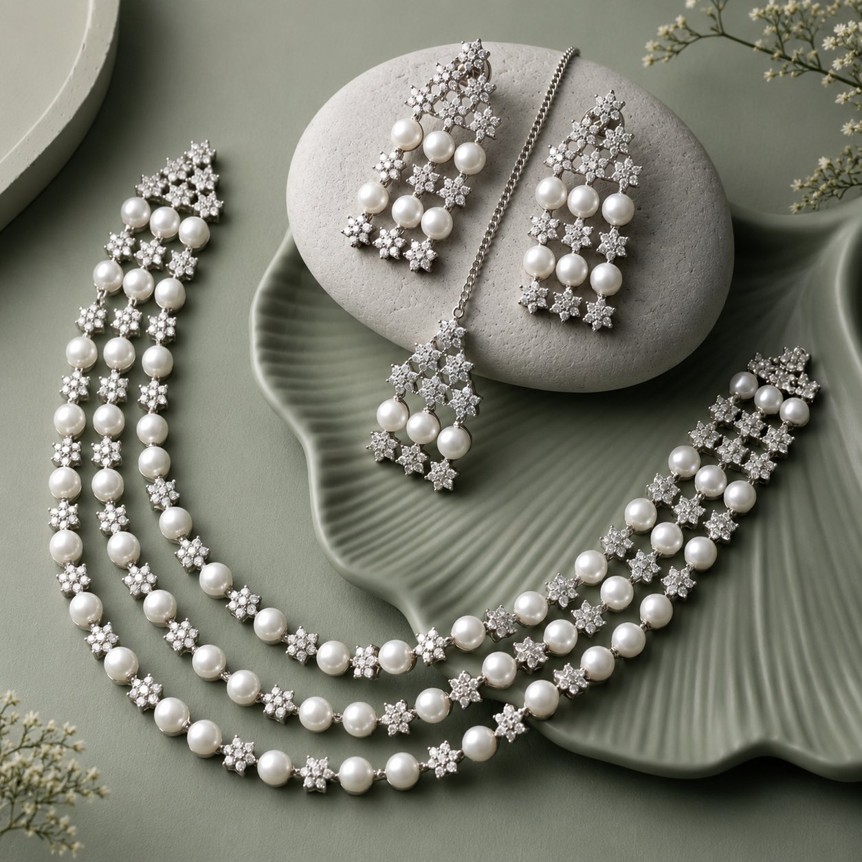 Layered Pearl CZ Festive Jewellery Set