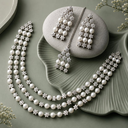 Layered Pearl CZ Festive Jewellery Set