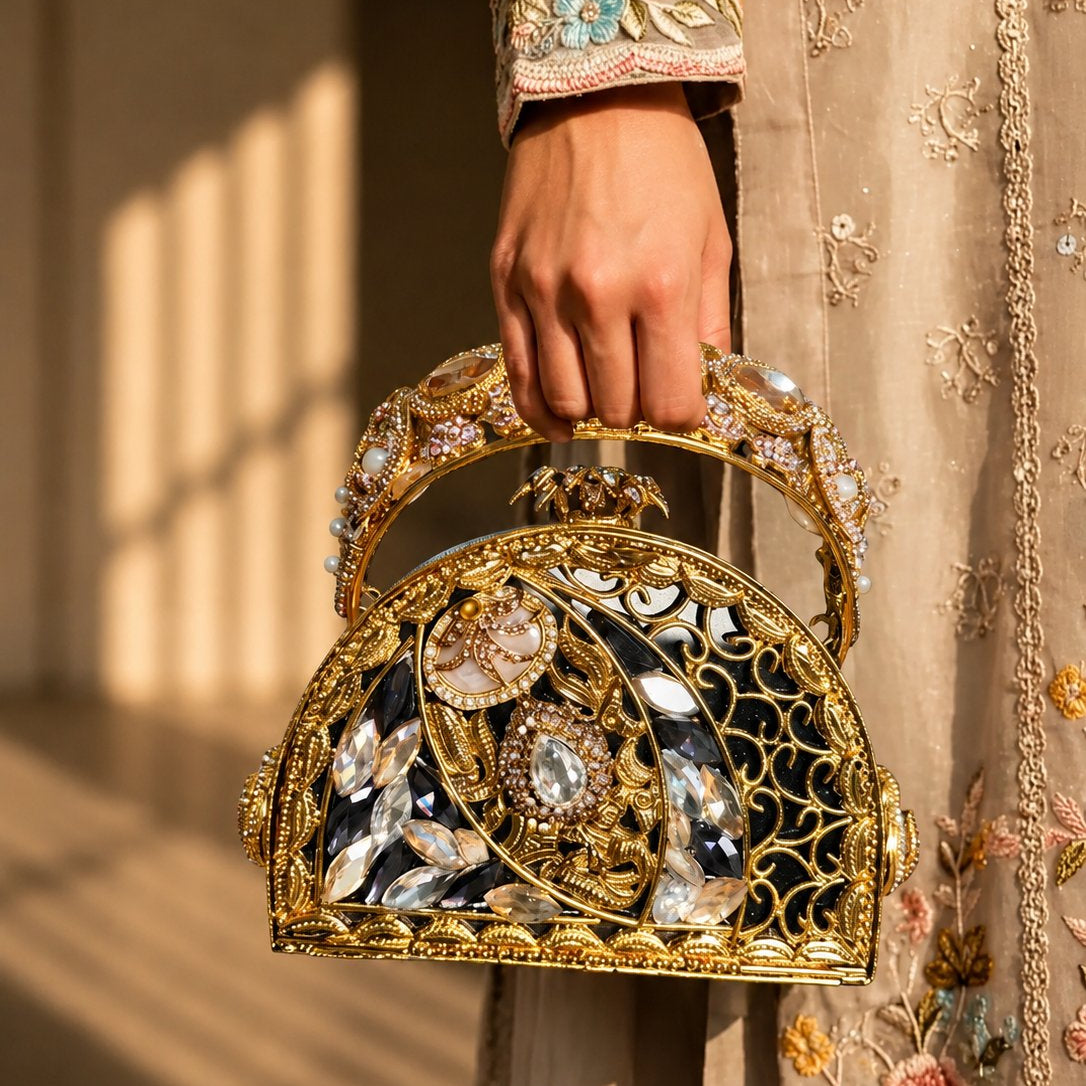 Smoky Crystal & Aubergine Kundan Dual-Design Clutch