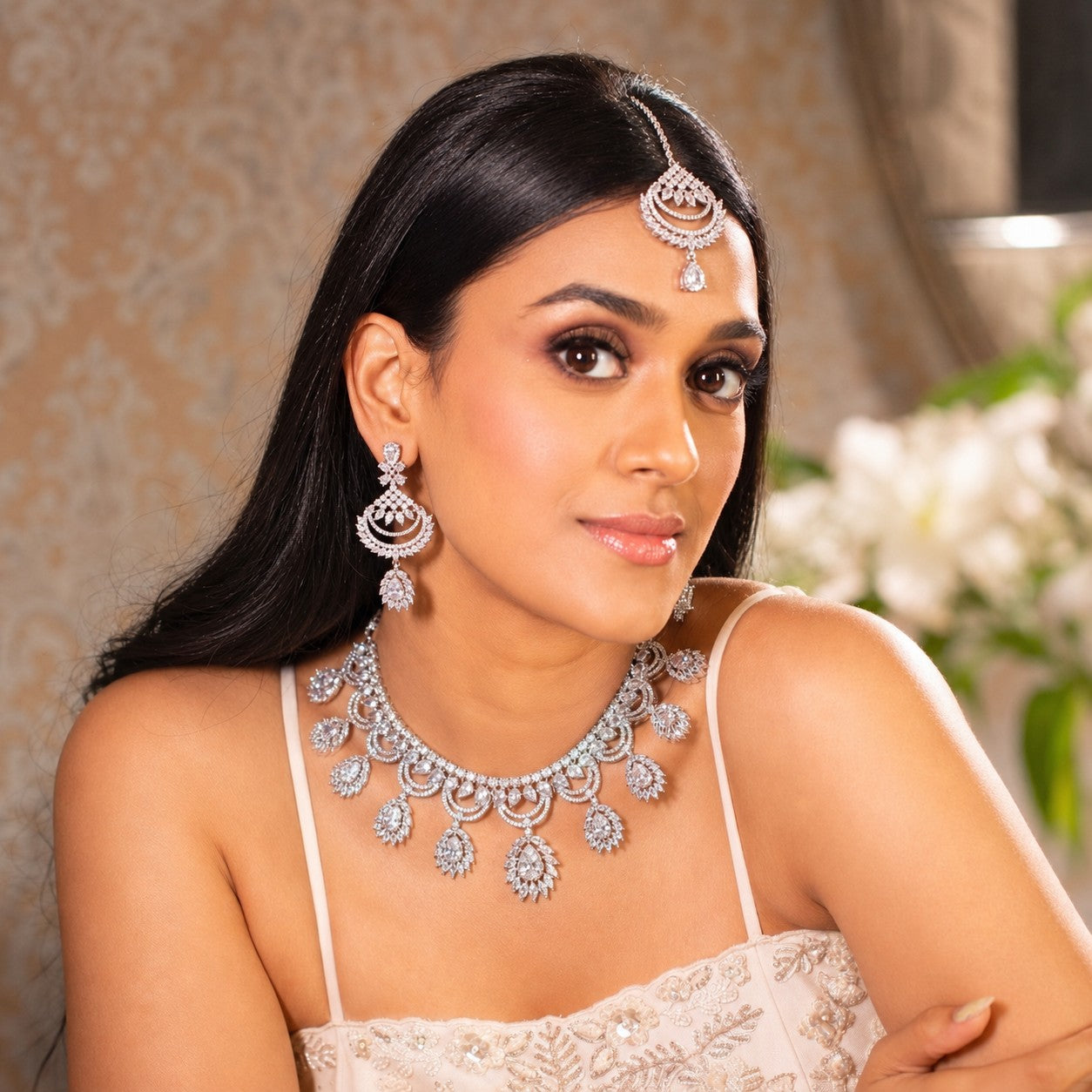 Silver Diamond Bridal Necklace, Earrings & Teeka Set