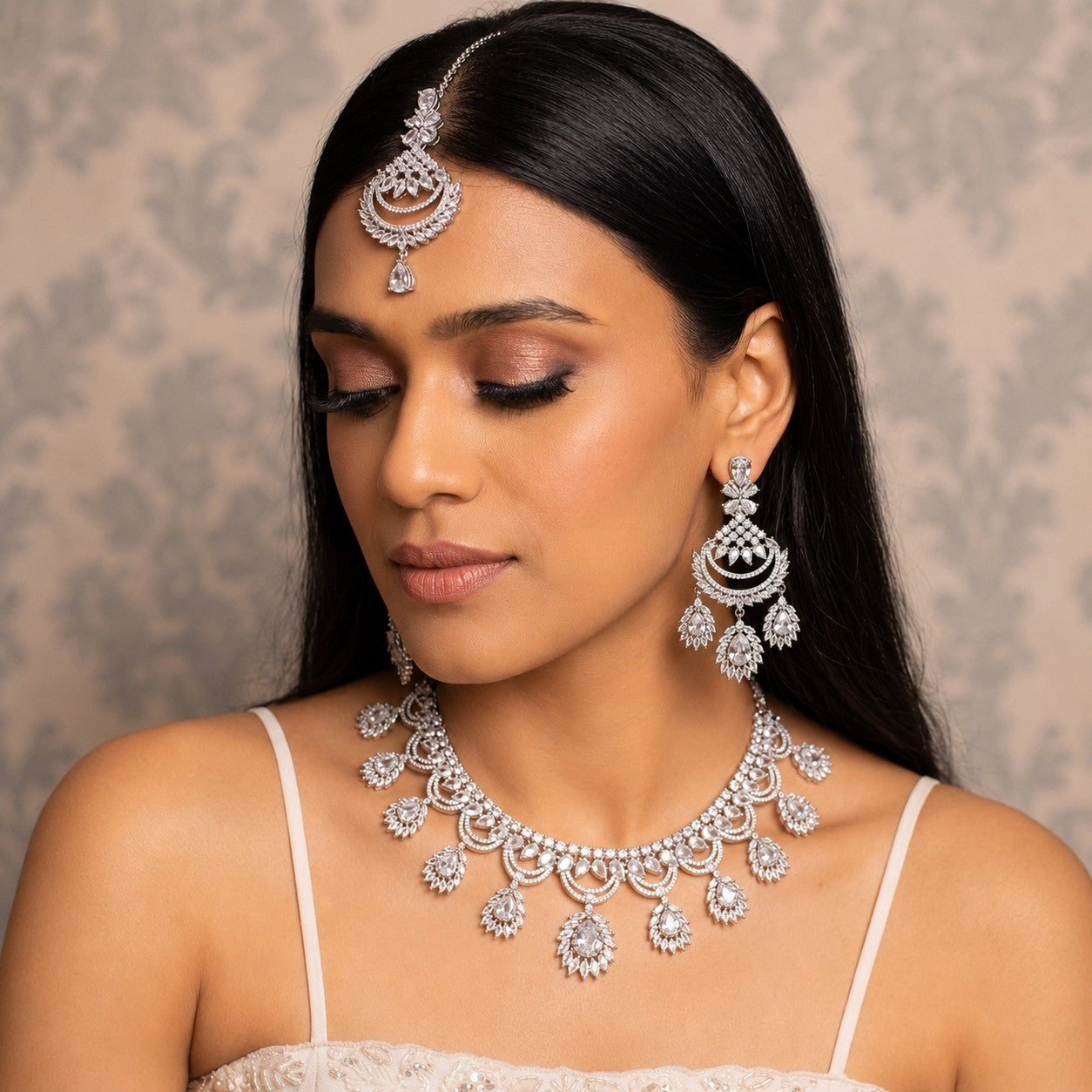 Silver Diamond Bridal Necklace, Earrings & Teeka Set