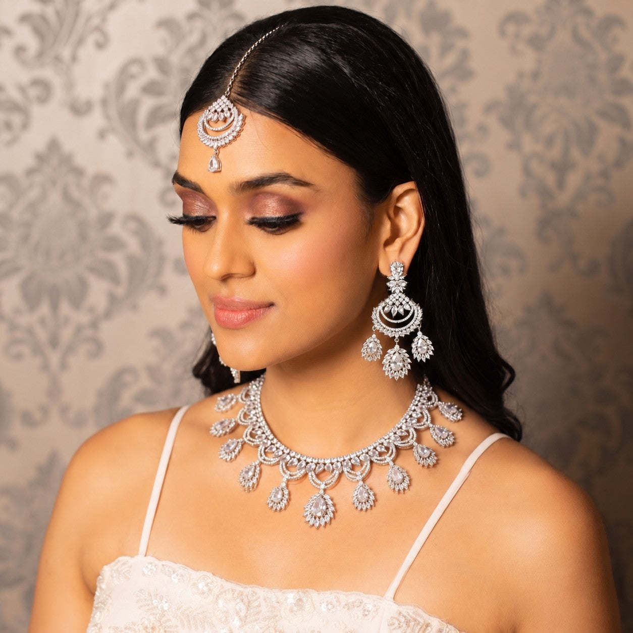Silver Diamond Bridal Necklace, Earrings & Teeka Set