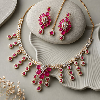 Ruby & Diamond Floral Necklace & Earrings Set