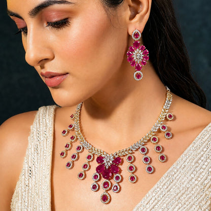 Ruby & Diamond Floral Necklace & Earrings Set