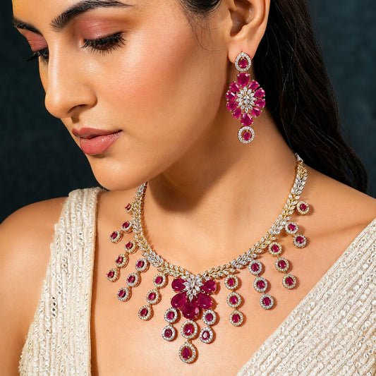 Ruby & Diamond Floral Necklace & Earrings Set