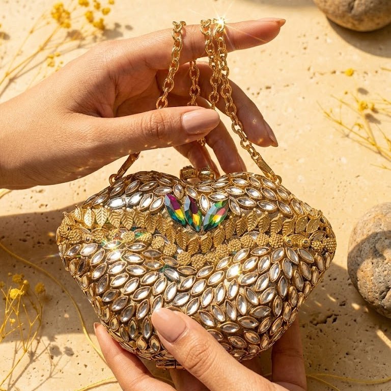 Kundan Floral Clutch – Bridal Evening Bag with Chain - Riwaaj