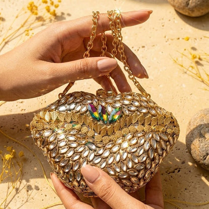 Kundan Floral Clutch – Bridal Evening Bag with Chain - Riwaaj