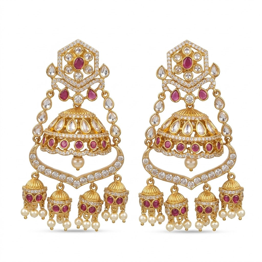 Majestic Chandbali Jhumka Earrings – Gold Kundan with Ruby & Emerald Drops