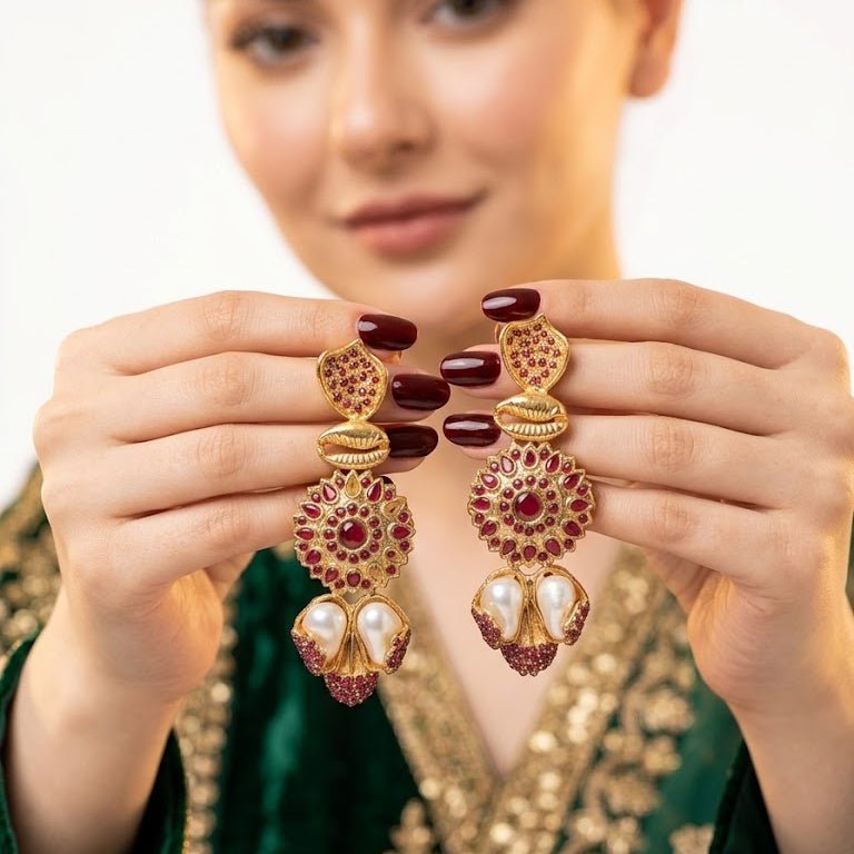 Sahiba Mandala Drop Earrings – 22K Gold Kundan with Pearl Drops - Riwaaj