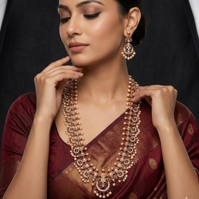 Haram Necklace & Earrings Set | Kundan Long Necklace - Riwaaj