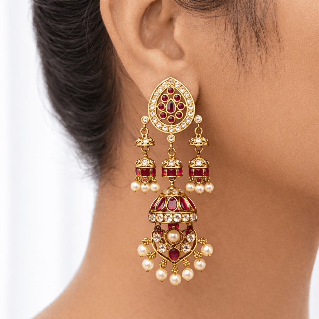 Mughal Mismatched Jhumka Earrings – Ruby, Emerald & Pearl Kundan Gold - Riwaaj