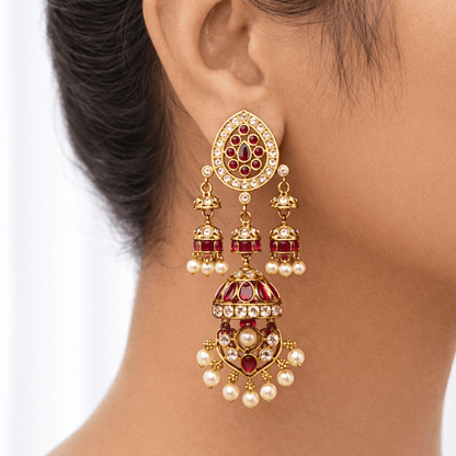 Mughal Mismatched Jhumka Earrings – Ruby, Emerald & Pearl Kundan Gold - Riwaaj