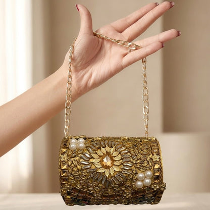 Kundan Gem Clutch – Bridal Evening Bag with Chain