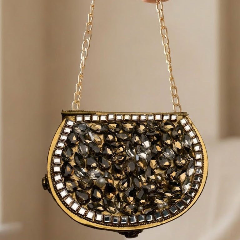 Kundan Gold Blossom Clutch – Bridal Evening Bag with Chain - Riwaaj