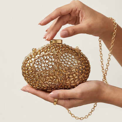 Kundan Crystal Clutch – Bridal Evening Bag with Chain