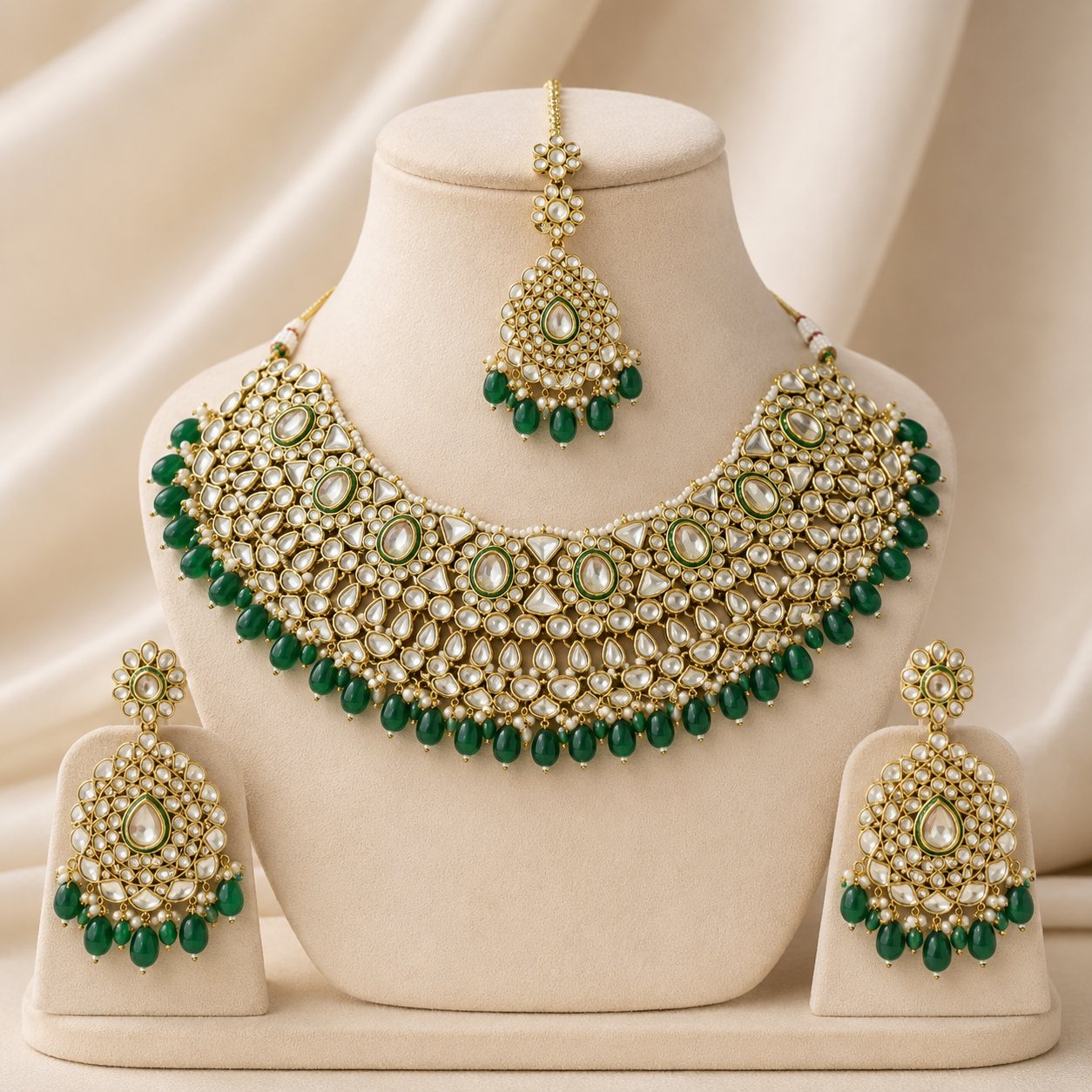 Dilkash Emerald Kundan Bridal Choker Jewellery Set complete product display