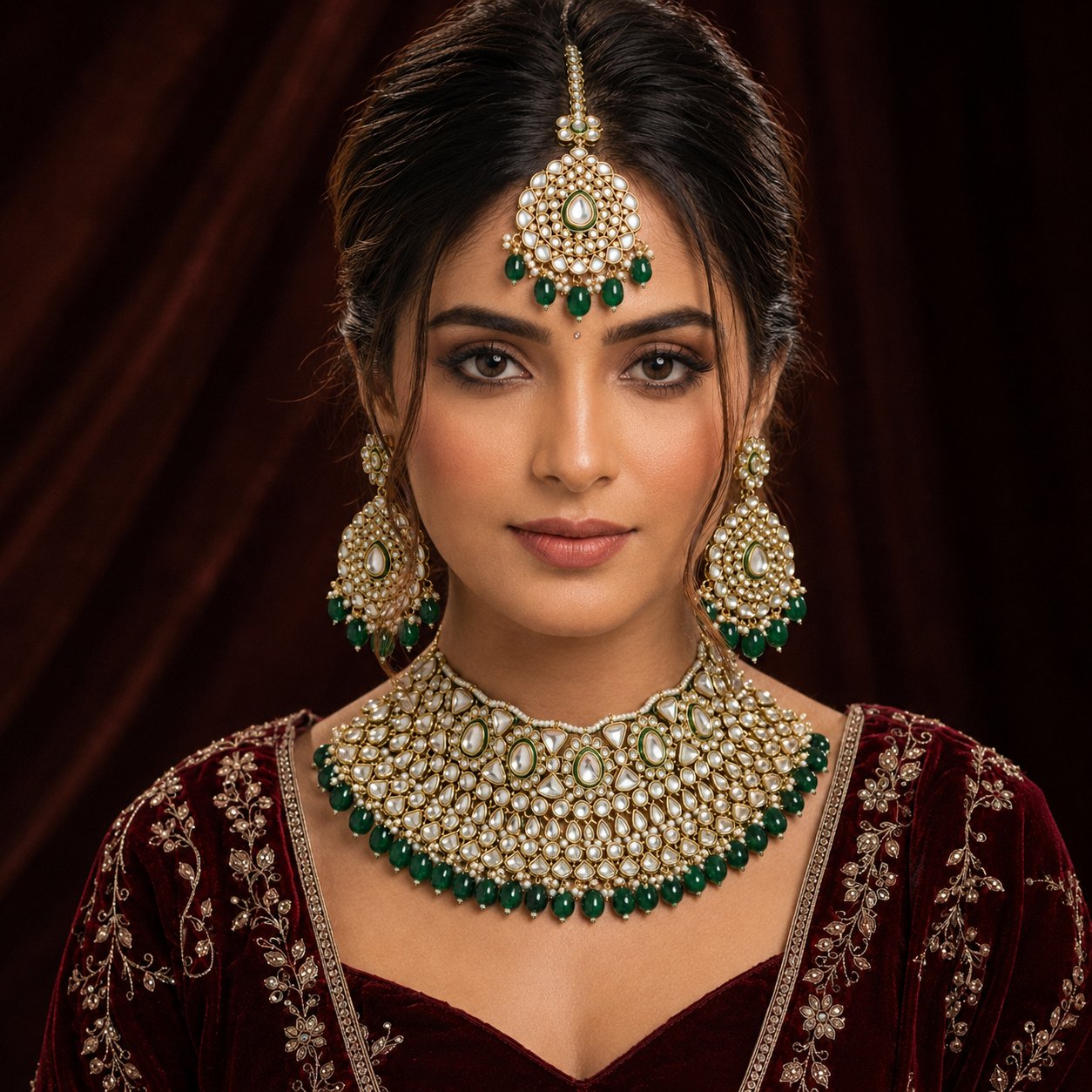 Dilkash Emerald Kundan Bridal Choker Jewellery Set front model look
