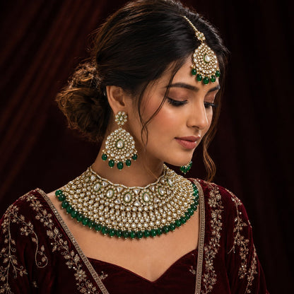 Dilkash Emerald Kundan Bridal Choker Jewellery Set side model look