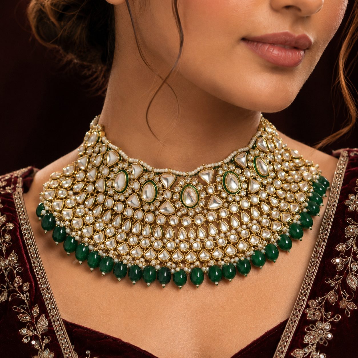 Dilkash Emerald Kundan bridal choker close-up on model
