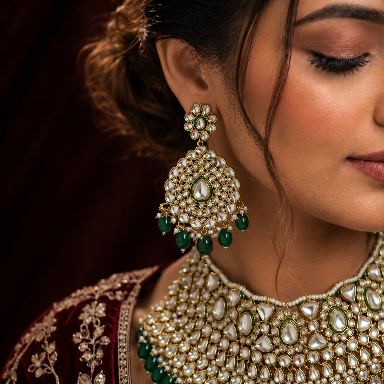 Dilkash Emerald Kundan Bridal Choker Jewellery Set full model look