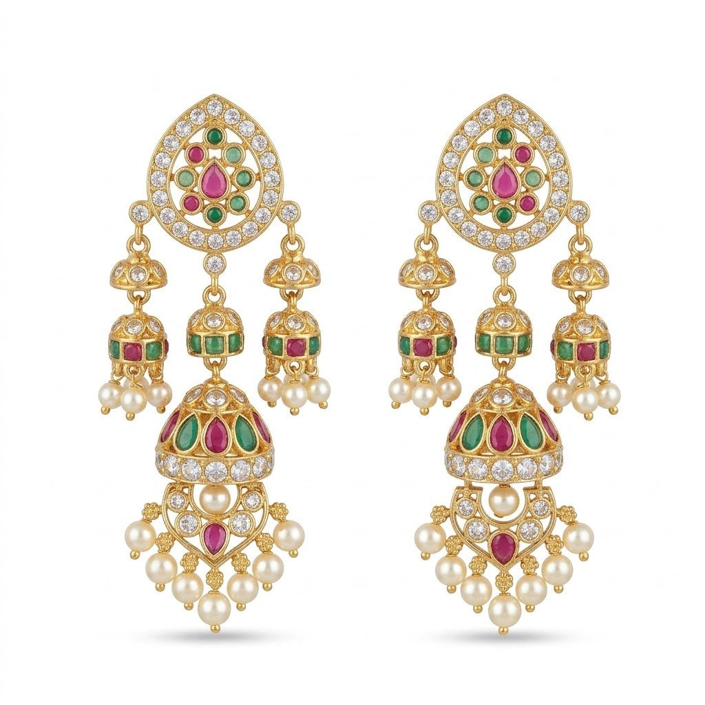 Mughal Mismatched Jhumka Earrings – Ruby, Emerald & Pearl Kundan Gold - Riwaaj