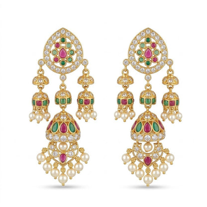Mughal Mismatched Jhumka Earrings – Ruby, Emerald & Pearl Kundan Gold - Riwaaj