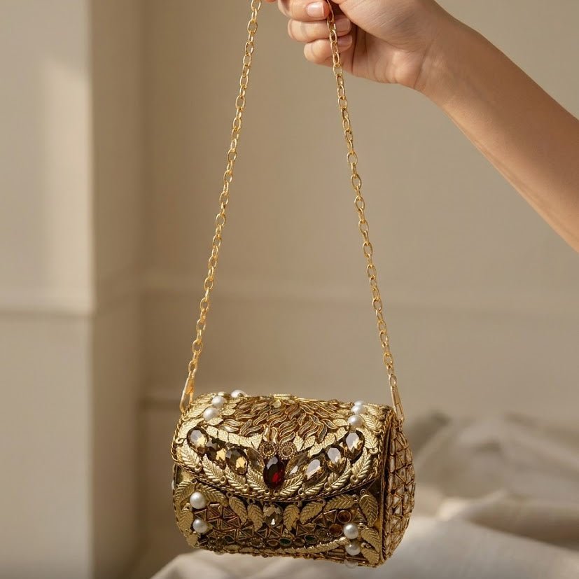 Lustre Royale Kundan Clutch – Bridal Evening Bag with Chain - Riwaaj