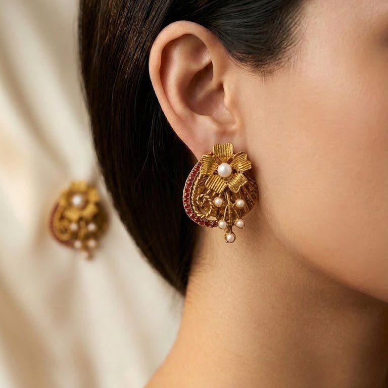 Vintage Bloom Crescent Earrings - Riwaaj