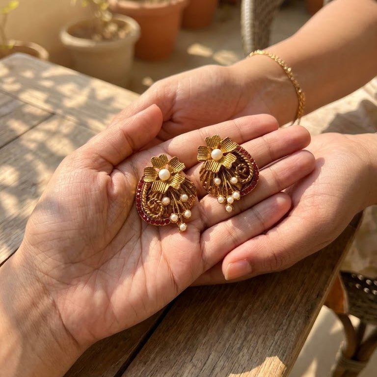 Vintage Bloom Crescent Earrings - Riwaaj