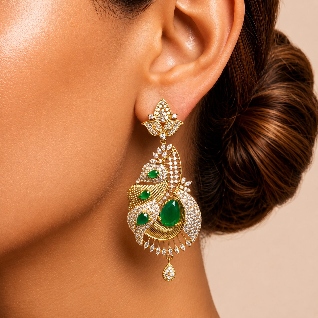 Emerald Green Peacock Fan Drop Earrings | Gold CZ Statement Chandelier