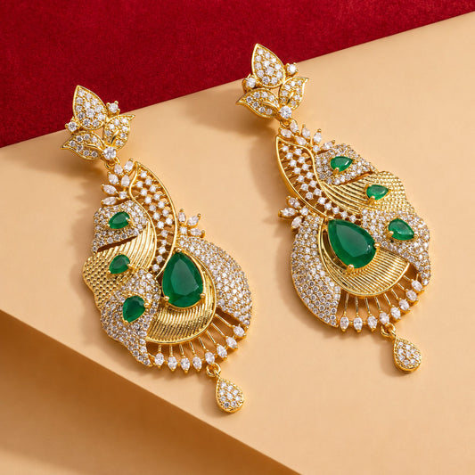 Emerald Green Peacock Fan Drop Earrings | Gold CZ Statement Chandelier