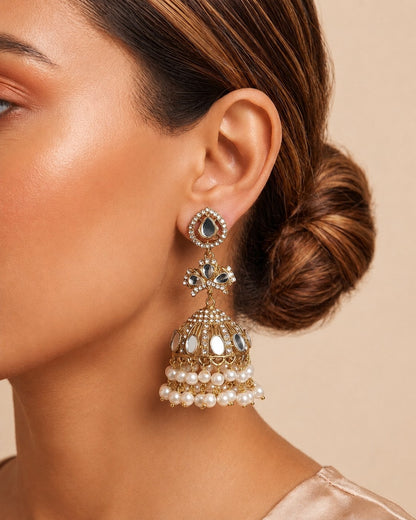 Antique Gold Kundan Jhumka Earrings | Three-Tier Dome with Pearl Drops