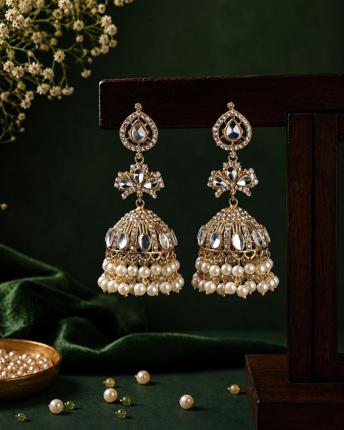 Antique Gold Kundan Jhumka Earrings | Three-Tier Dome with Pearl Drops
