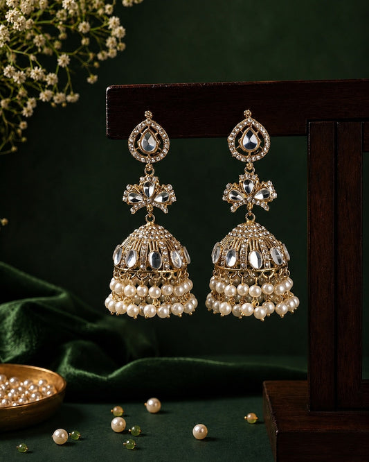 Antique Gold Kundan Jhumka Earrings | Three-Tier Dome with Pearl Drops